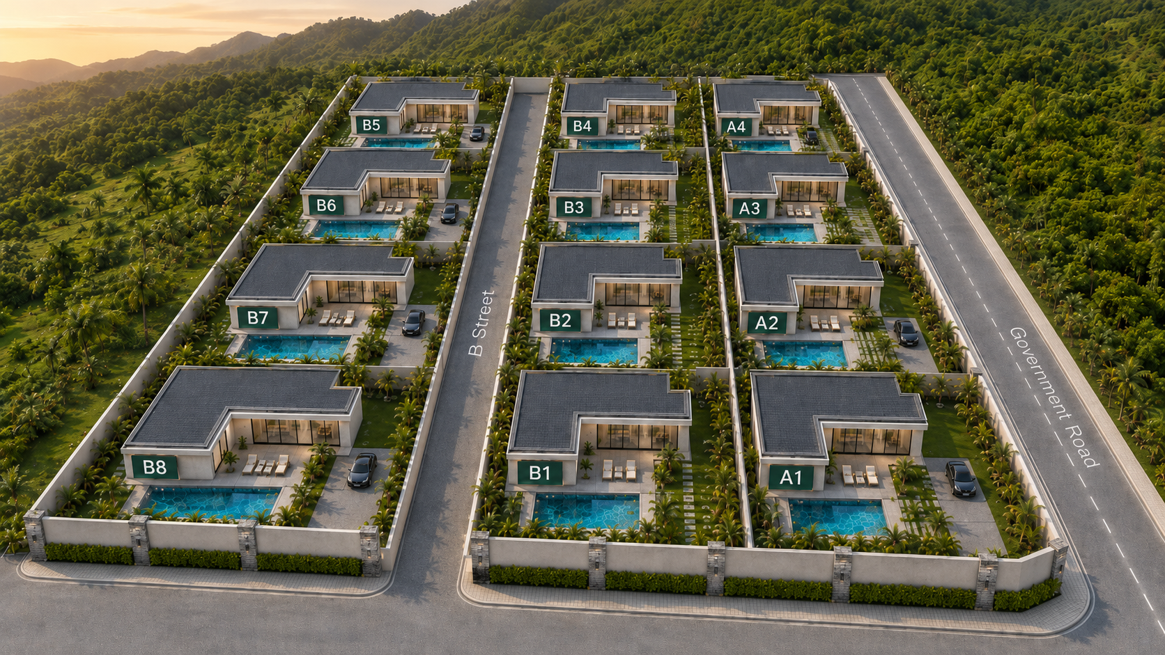 Aerial site plan showing Mountainside Pool Villas A and B sections