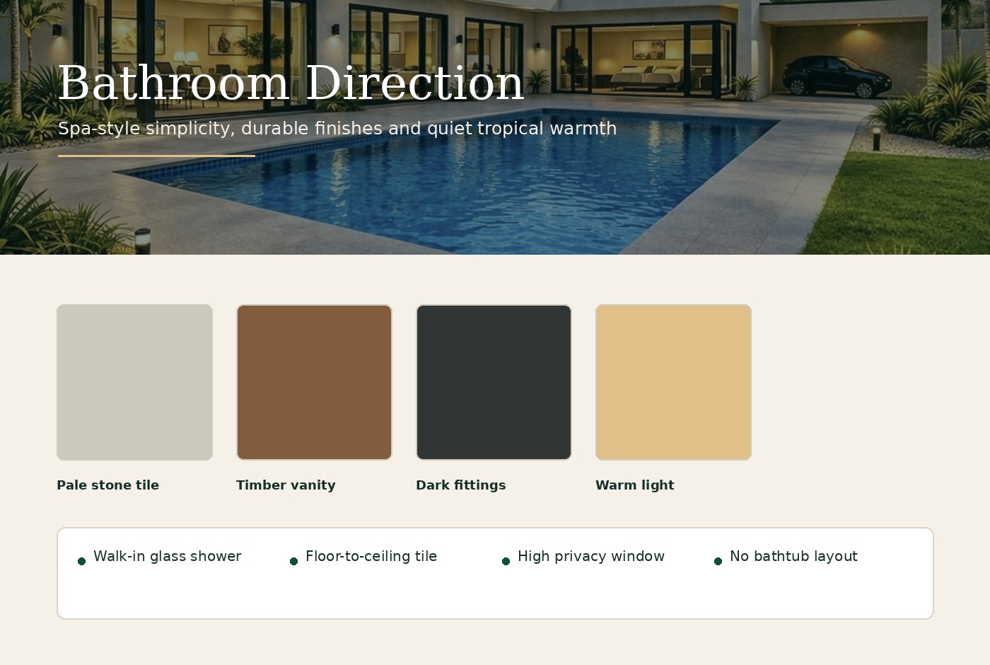 Spa-style bathroom material direction moodboard
