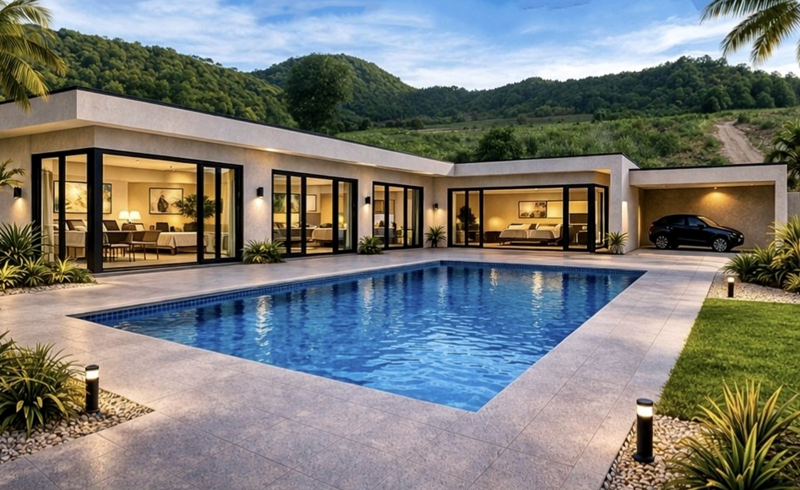 Modern tropical villa arrival and pool exterior concept