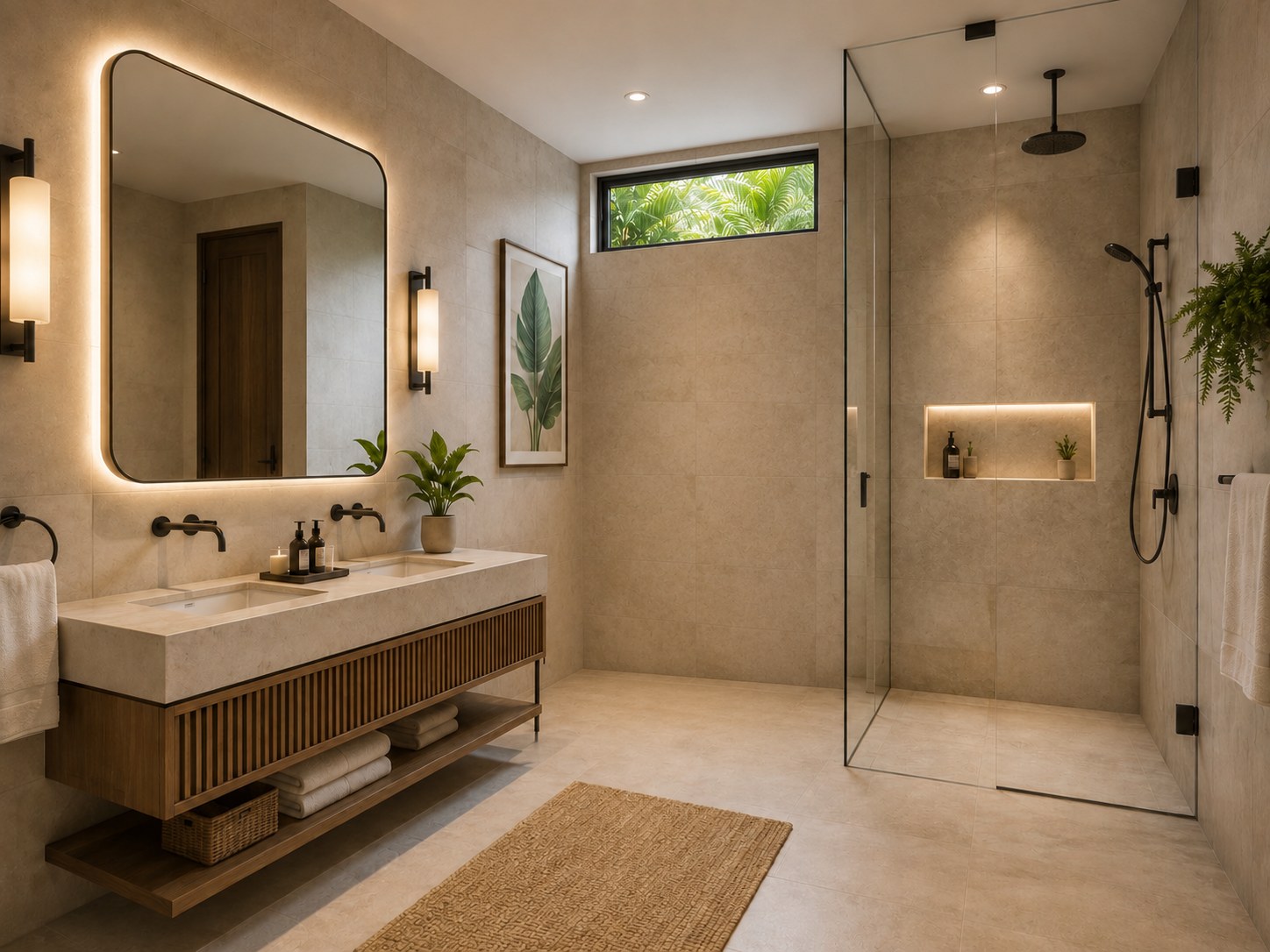 Bathroom concept with double vanity and walk-in shower