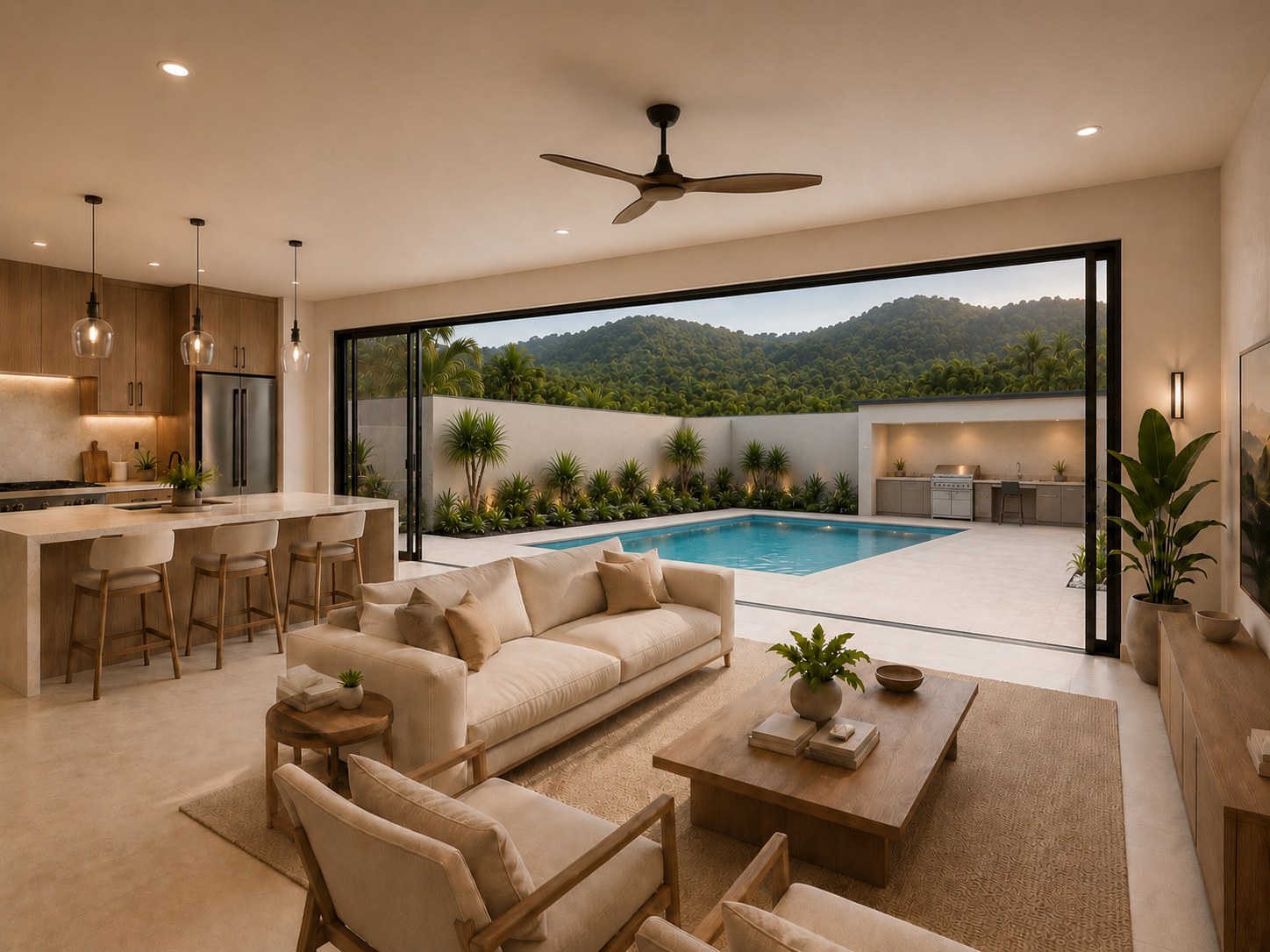 Open-plan living room with pool connection