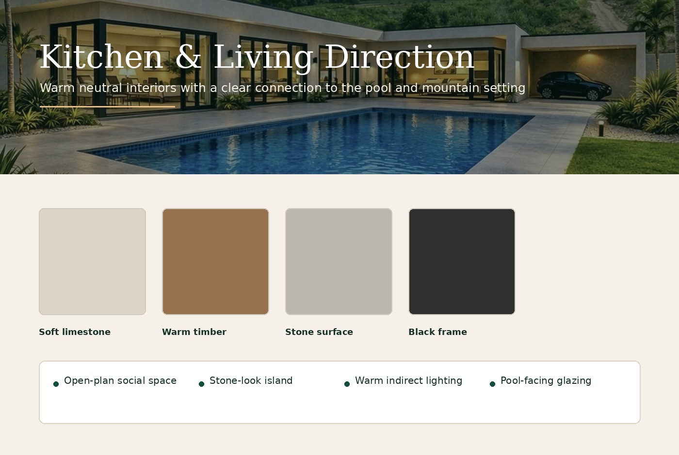 Kitchen and living material direction moodboard